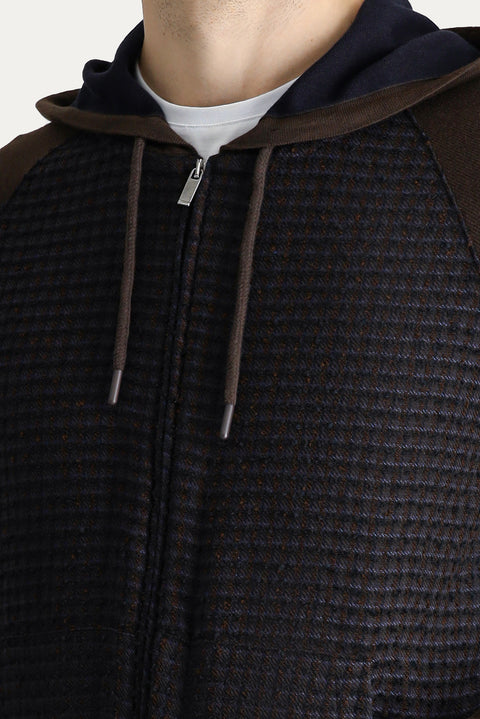 Medium Brown Hooded Zip-Up Cotton Knit Cardigan