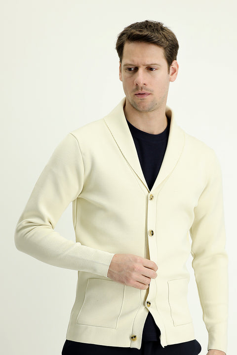 Ekru Slim Fit Dar Kesim Triko Hırka