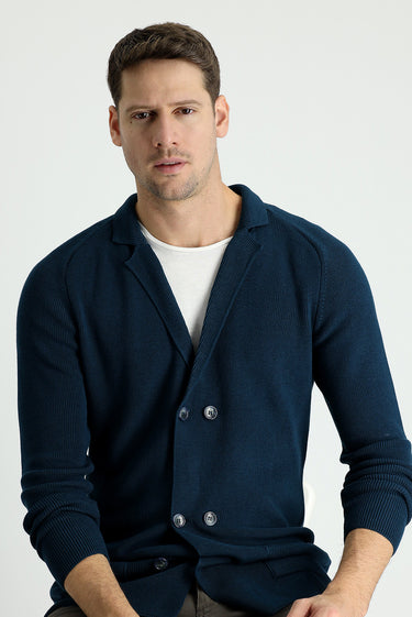 Orta Petrol Kruvaze Pamuklu Triko Hırka