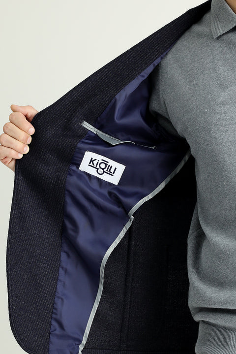 Koyu Lacivert 7 Drop Super Slim Fit Eksra Dar Kesim Yünlü Çizgili Örme Ceket