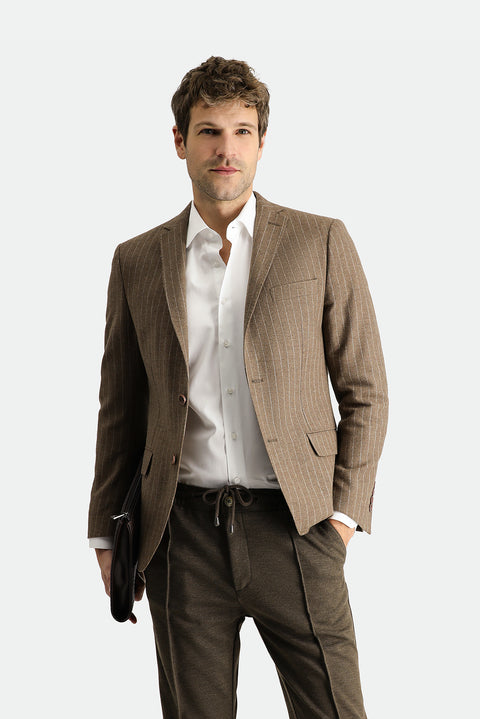 Koyu Vizon 7 Drop Super Slim Fit Eksra Dar Kesim Yünlü Klasik Çizgili Ceket