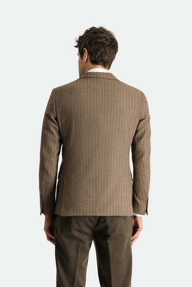 Koyu Vizon Super Slim Fit Ekstra Dar Kesim Yünlü Klasik Çizgili Ceket