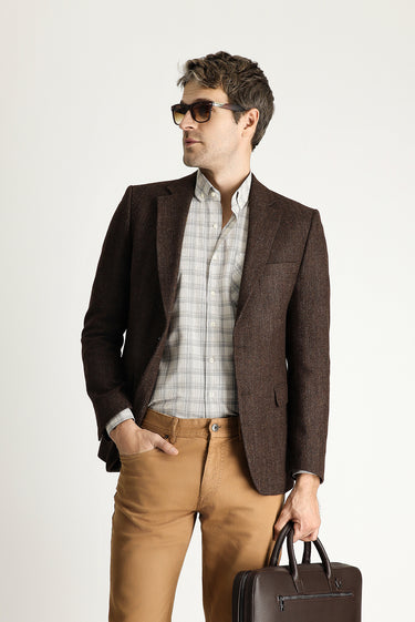 Koyu Kahve Slim Fit Dar Kesim Yünlü Klasik Desenli Ceket