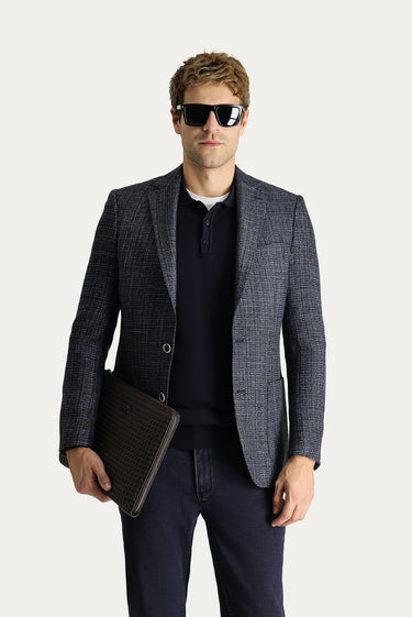 Orta Lacivert Regular Fit Yünlü Desenli Spor Ceket