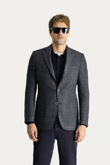 Orta Lacivert Regular Fit Yünlü Desenli Spor Ceket