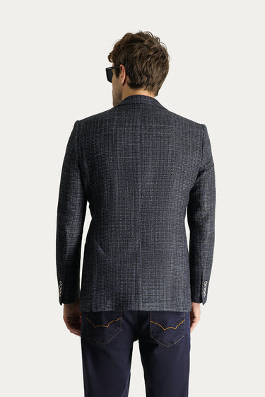 Orta Lacivert Muscle Fit Yünlü Desenli Spor Ceket