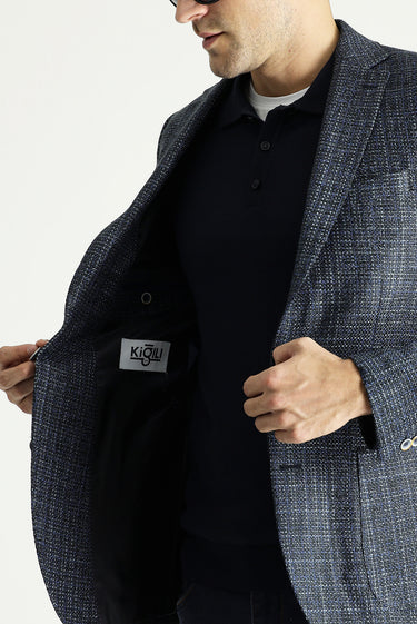 Orta Lacivert Muscle Fit Yünlü Desenli Spor Ceket