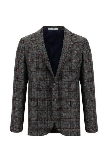 Koyu Antrasit Regular Fit Yünlü Ekose Ceket