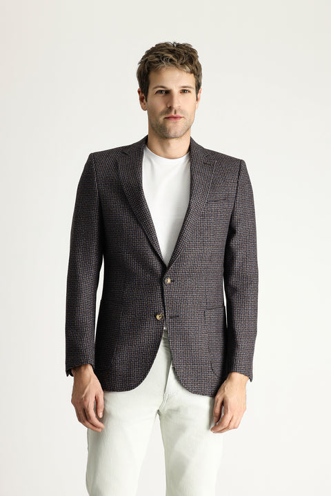 Koyu Kahve 6 Drop Regular Fit Standart Kesim Yünlü Kareli Ceket