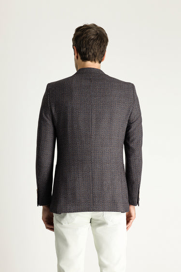 Koyu Kahve Regular Fit Yünlü Kareli Ceket