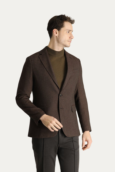 Koyu Kahve Regular Fit Yünlü Desenli Klasik Ceket