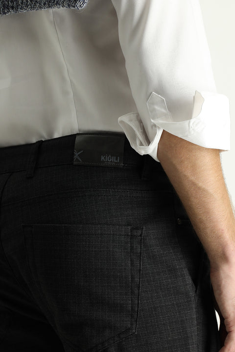 Koyu Füme Regular Fit Standart Kesim Desenli Likralı Kanvas / Chino Pantolon