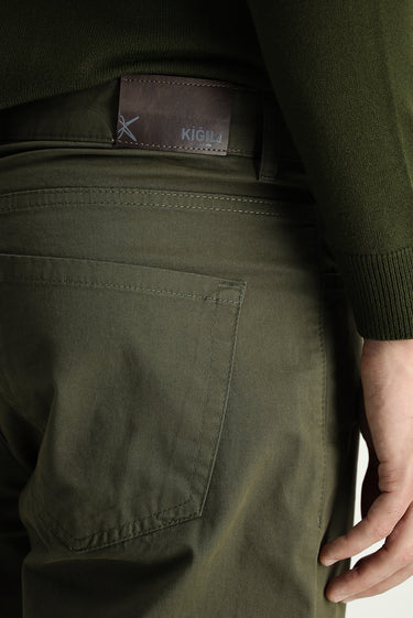 Yağ Yeşili-Olive Regular Fit Likralı Kanvas / Chino Pantolon