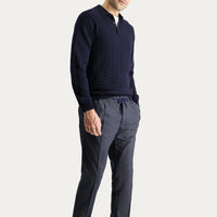 Koyu Lacivert Slim Fit Dar Kesim Beli Lastikli İpli Desenli Likralı Pantolon