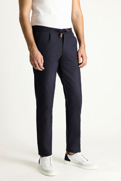Koyu Lacivert Slim Fit Dar Kesim Beli Lastikli İpli Desenli Likralı Pantolon
