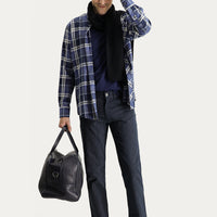 Koyu Lacivert Slim Fit Dar Kesim Çizgili Likralı Kanvas / Chino Pantolon