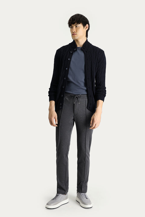 Koyu Antrasit Slim Fit Dar Kesim Beli Lastikli İpli Likralı Örme Pantolon