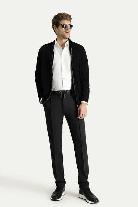 Koyu Antrasit Slim Fit Dar Kesim Beli Lastikli İpli Likralı Örme Kanvas / Chino Pantolon
