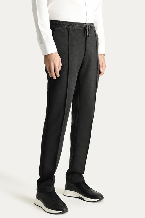 Koyu Antrasit Slim Fit Dar Kesim Beli Lastikli İpli Likralı Örme Kanvas / Chino Pantolon