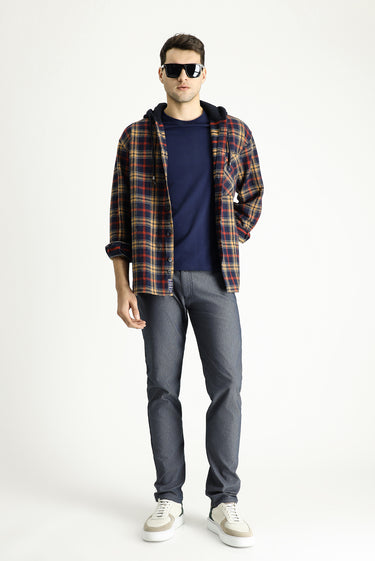 Koyu Lacivert Kapüşonlu Oversize Ekose Shacket Oduncu Pamuk Gömlek / Mont