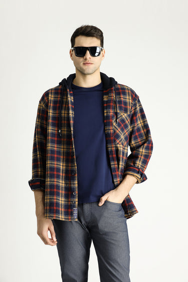 Koyu Lacivert Kapüşonlu Oversize Ekose Shacket Oduncu Pamuk Gömlek / Mont