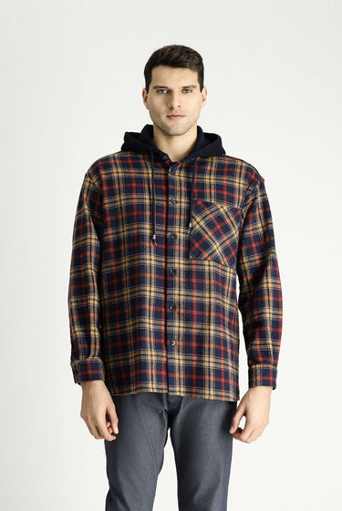 Koyu Lacivert Kapüşonlu Oversize Ekose Shacket Oduncu Pamuk Gömlek / Mont