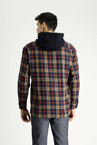 Koyu Lacivert Kapüşonlu Oversize Ekose Shacket Oduncu Pamuk Gömlek / Mont