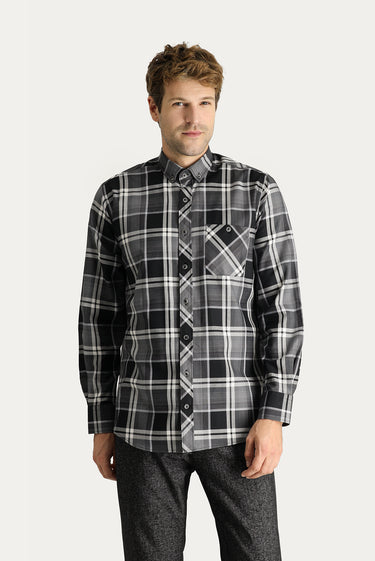 Siyah Uzun Kol Regular Fit Ekose Pamuk Gömlek