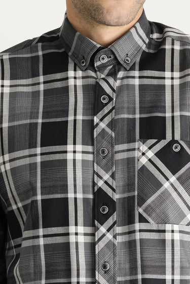 Siyah Uzun Kol Regular Fit Ekose Pamuk Gömlek