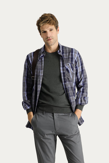 Koyu Lacivert Uzun Kol Regular Fit Ekose Oduncu Pamuk Gömlek