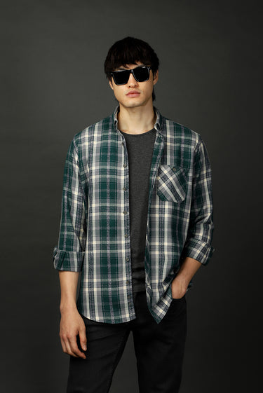 Koyu Yeşil Uzun Kol Regular Fit Ekose Oduncu Pamuk Gömlek