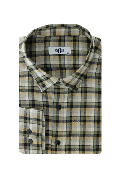 Açık Haki Büyük Beden Uzun Kol Ekose Pamuklu Kolay Ütülenebilir Düğmeli Yaka Oduncu Gömlek