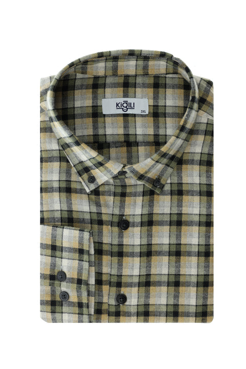 Light Khaki Plus Size Long Sleeve Plaid Cotton Easy-Iron Button-Down Collar Lumberjack Shirt
