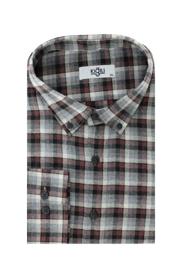 Açık Bordo Büyük Beden Uzun Kol Ekose Pamuklu Kolay Ütülenebilir Düğmeli Yaka Oduncu Gömlek