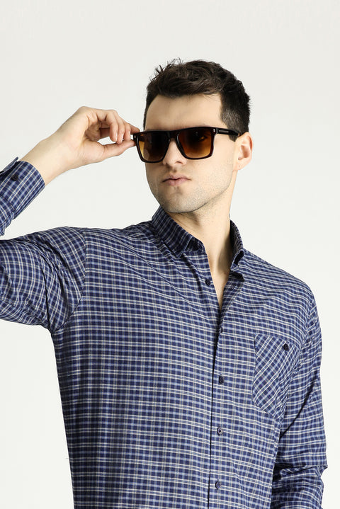 Mid Grey Long Sleeve Regular Fit Button-Down Collar Easy Iron Plaid Cotton Shirt