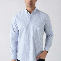 Aqua Blue Long Sleeve Regular Fit Button-Down Collar Easy Iron Plaid Cotton Shirt