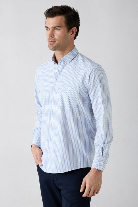 Aqua Blue Long Sleeve Regular Fit Button-Down Collar Easy Iron Plaid Cotton Shirt