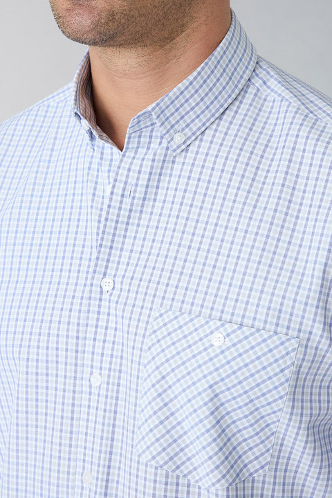 Aqua Blue Long Sleeve Regular Fit Button-Down Collar Easy Iron Plaid Cotton Shirt