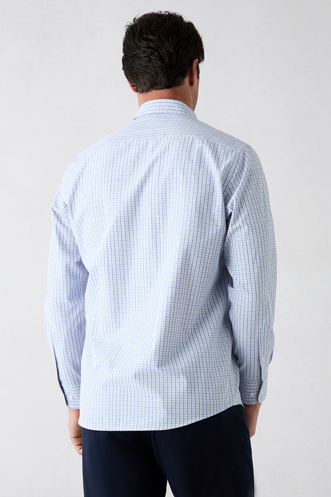 Aqua Blue Long Sleeve Regular Fit Button-Down Collar Easy Iron Plaid Cotton Shirt