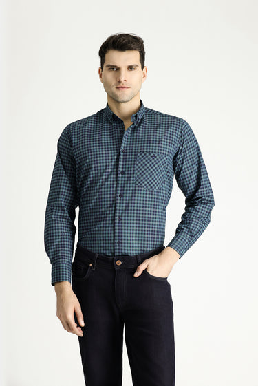 Koyu Yeşil Uzun Kol Regular Fit Ekose Pamuklu Kolay Ütülenebilir Düğmeli Yaka Gömlek