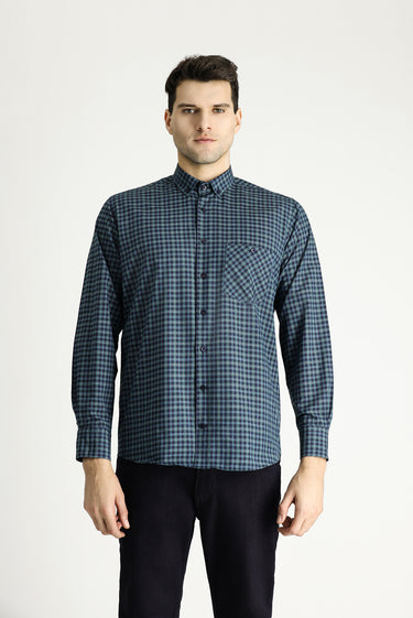 Koyu Yeşil Uzun Kol Regular Fit Ekose Pamuklu Kolay Ütülenebilir Düğmeli Yaka Gömlek