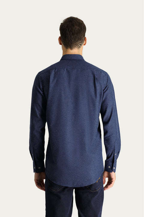 Orta Lacivert Uzun Kol Slim Fit Dar Kesim Oduncu Spor Pamuklu Düğmeli Yaka Gömlek
