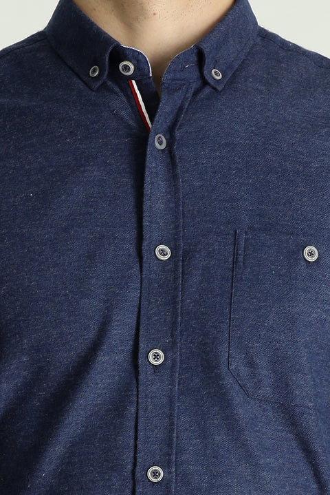 Orta Lacivert Uzun Kol Slim Fit Dar Kesim Oduncu Spor Pamuklu Düğmeli Yaka Gömlek