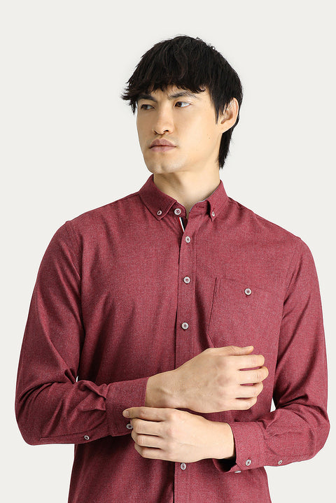 Light Burgundy Long Sleeve Slim Fit Narrow Cut Lumberjack Sport Cotton Button-Down Collar Shirt