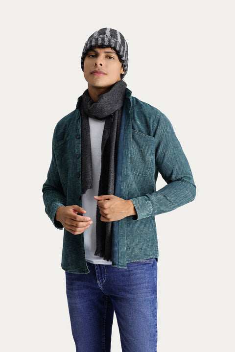 Dark Green Long Sleeve Slim Fit Narrow Cut Denim Look Cotton Sport Shirt
