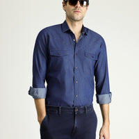 İndigo Uzun Kol Slim Fit Dar Kesim Denim Pamuk Gömlek