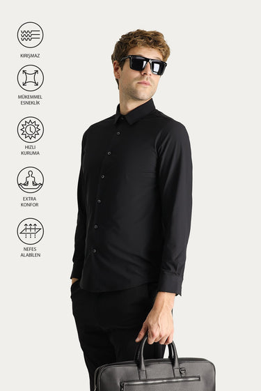 Siyah Techno-Line Uzun Kol Slim Fit Dar Kesim Gömlek