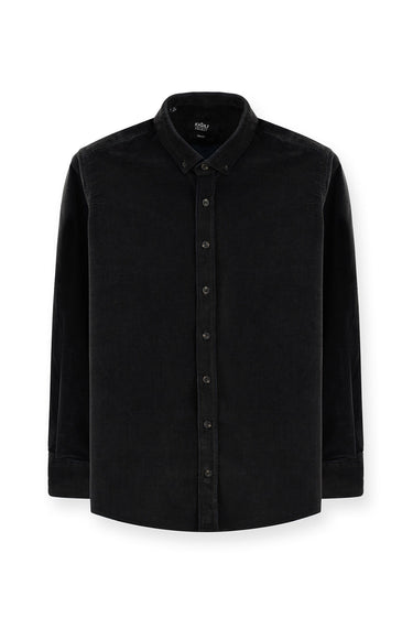 Orta Antrasit Uzun Kol Slim Fit Dar Kesim Kadife Pamuklu Düğmeli Yaka Gömlek