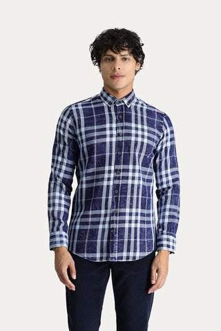 Koyu Lacivert Uzun Kol Slim Fit Dar Kesim Ekose Pamuk Düğmeli Yaka Gömlek
