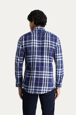 Koyu Lacivert Uzun Kol Slim Fit Dar Kesim Ekose Pamuk Düğmeli Yaka Gömlek